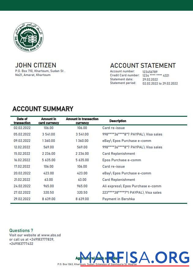 Printable Sudan Agricultural Bank of Sudan bank statement word real example